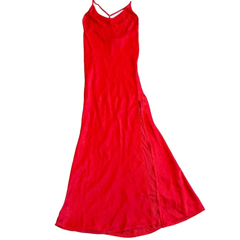 Tiger Mist Red Satin Spaghetti Strap Slip Dress Nightie High Slit Size XS Womens